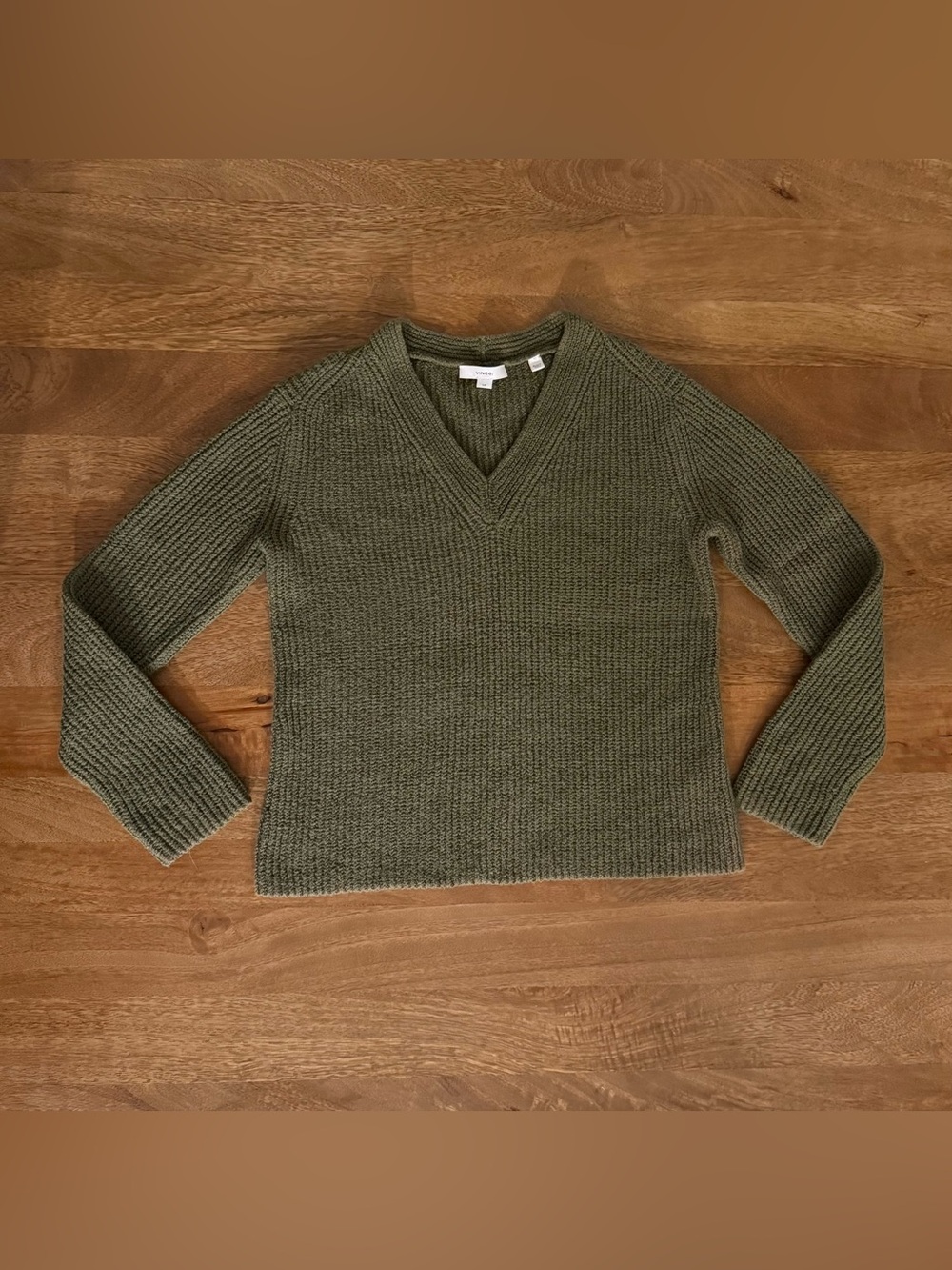 Vince V-Neck Knit Sweater in Olive Green